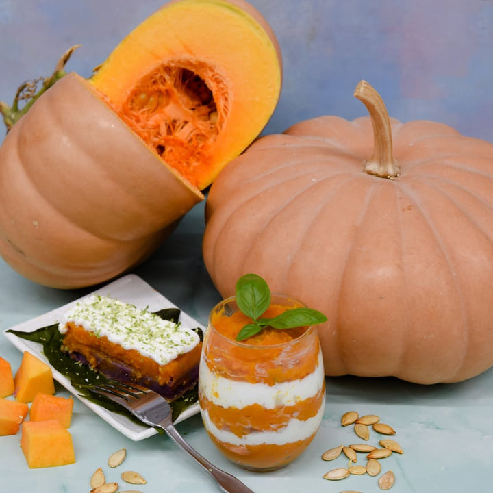 Long Island Cheese Pumpkin Winter Squash with dessert recipes on a light blue background.