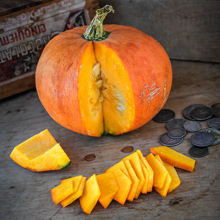 A Nicaise Winter Squash with slices and French coins on wood.