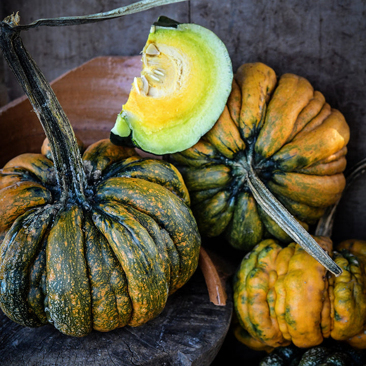 Cut and whole Guicoy Winter Squash with broken pots against a vintage wood background.