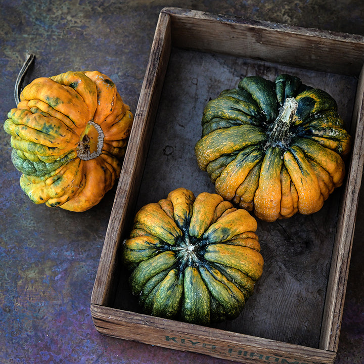 A trio of Guicoy Winter Squash in a wooden box on copper background.
