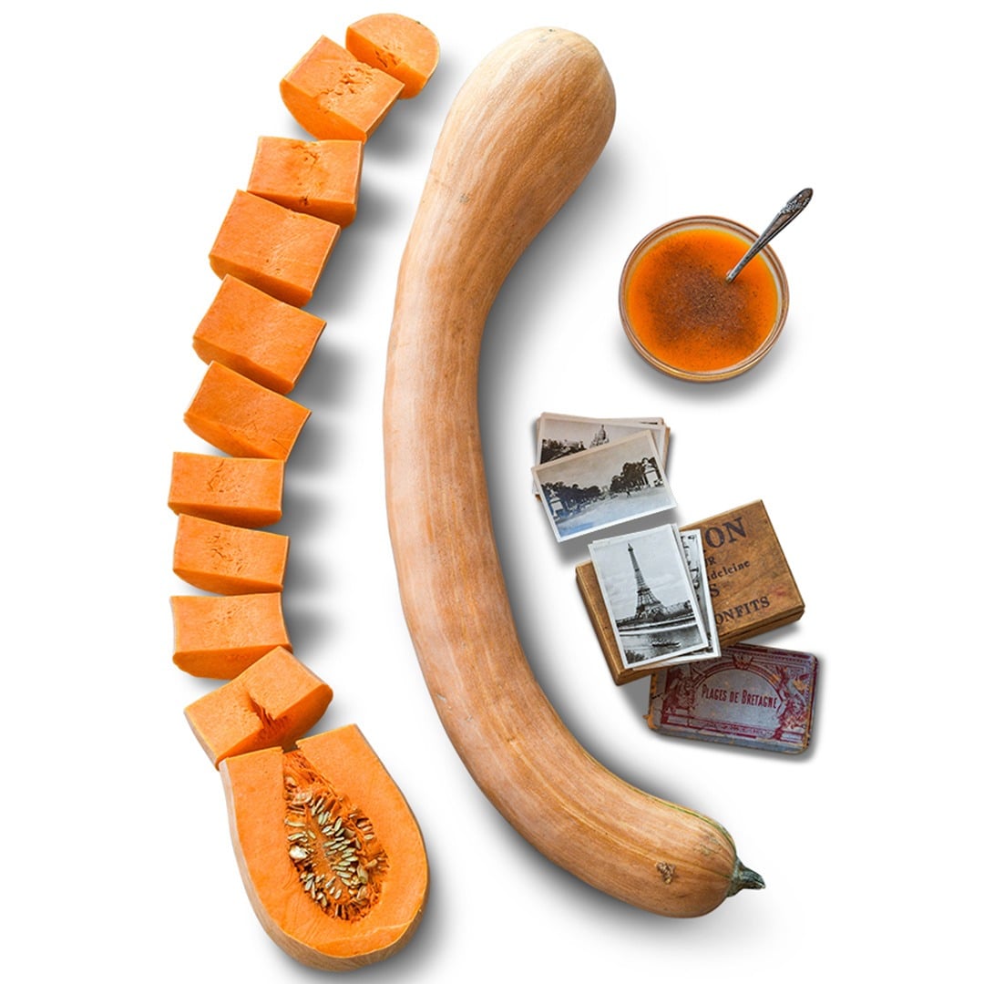 A sliced and a whole Long De Nice Winter Squash with French postcards and bowl of squash soup.