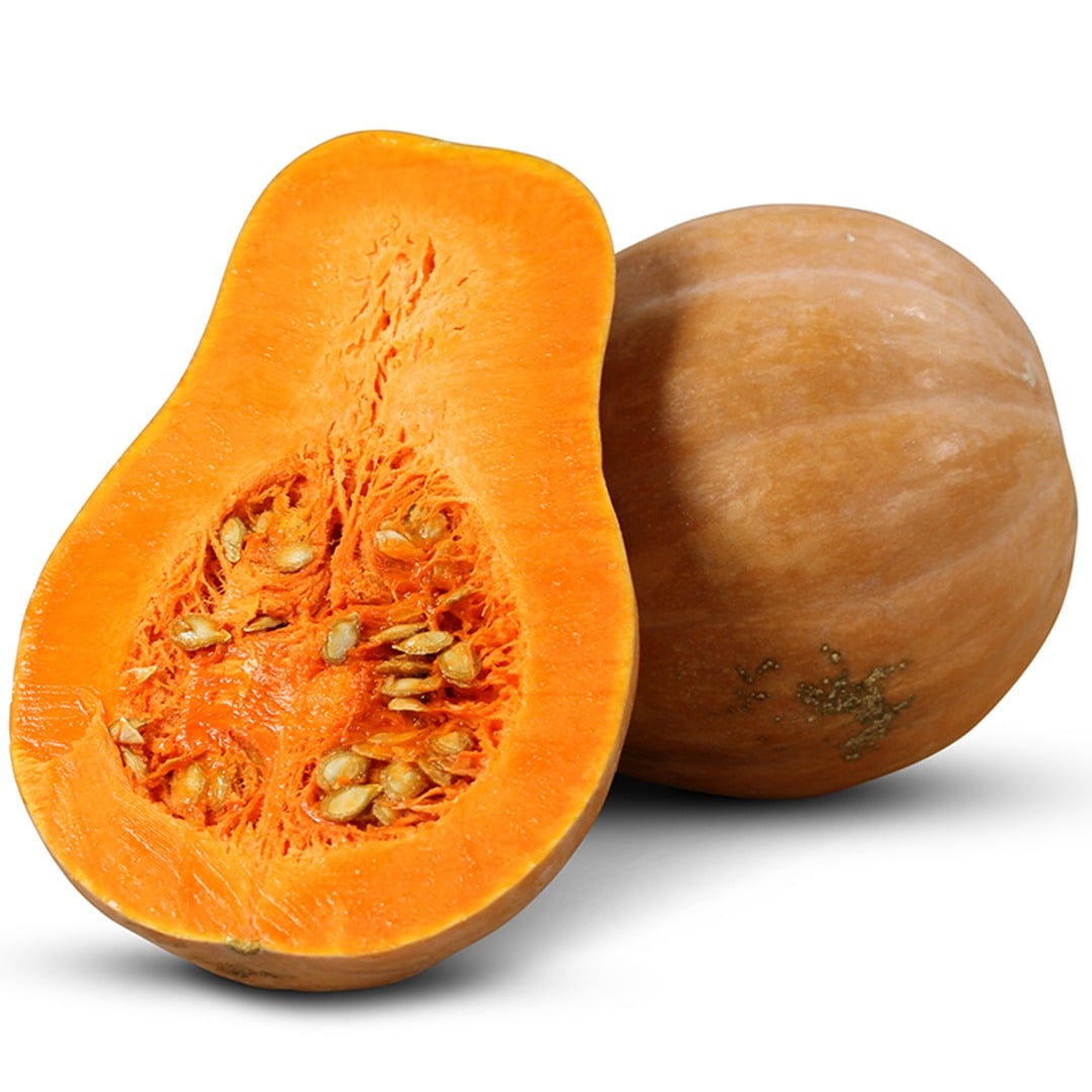 Sucrine Du Berry Winter Squash cut open to show the orange flesh on white background.