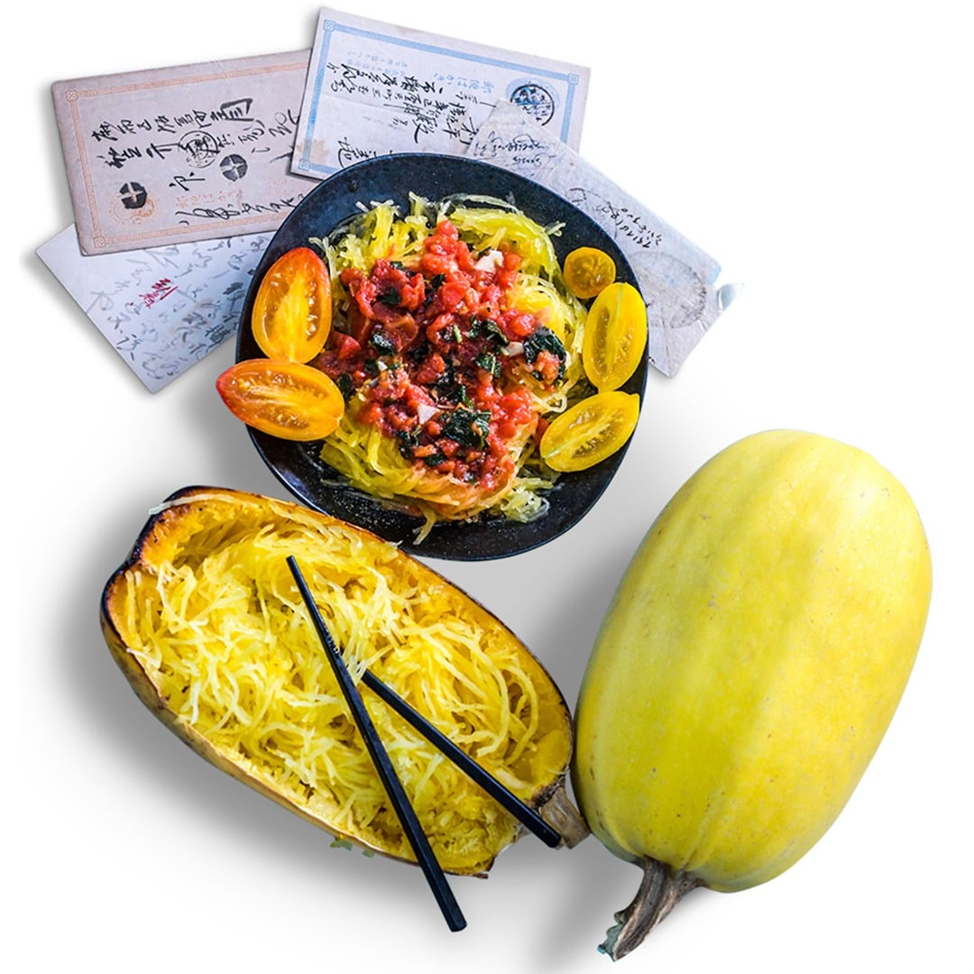 Single Warsaw Pasta Winter Squash with pasta dish and Japanese notes on a white background.