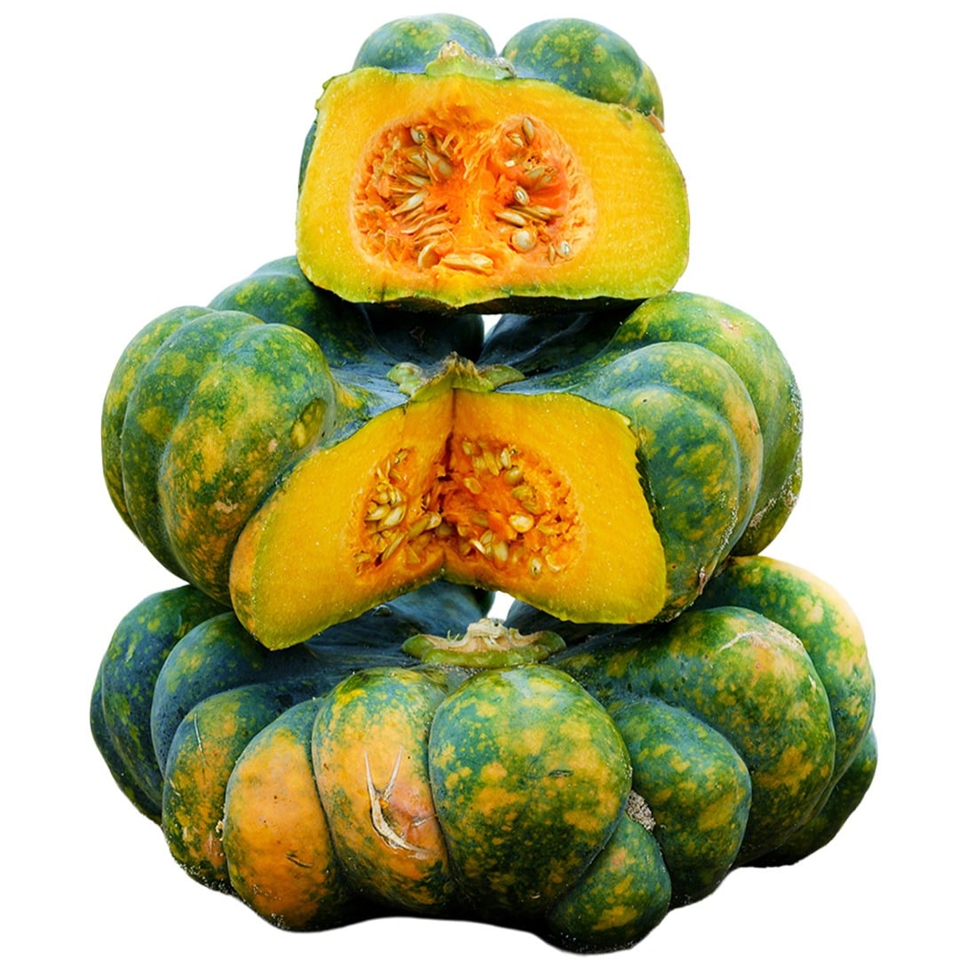 Cut and whole Dark Green Yuxi Jiang Bing Gua Squash in the winter phase stacked on a white background.