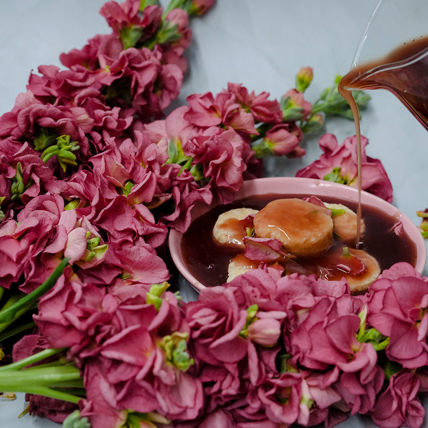 Vintage Brown Stocks with pink bowl and gravy pour.