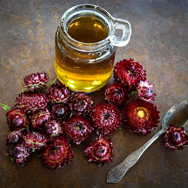 King Size Red Strawflower tea with flowers at the base of the tea and spoon on a copper background.