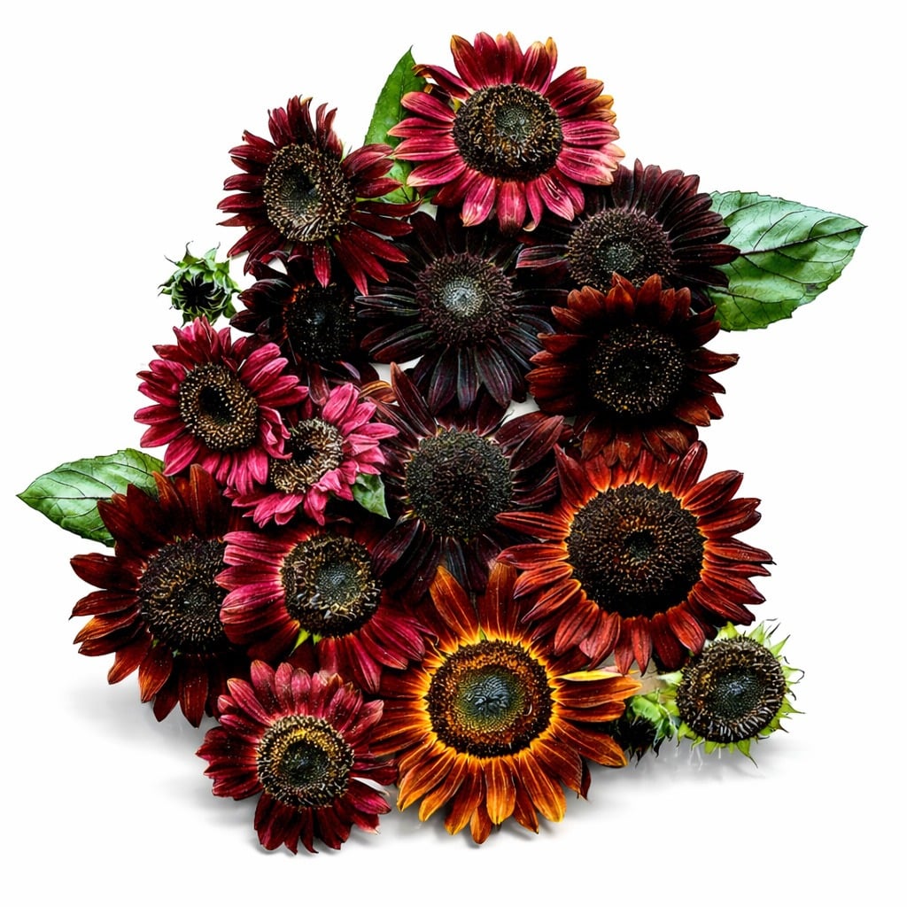 An overhead view of Chocolate Cherry sunflowers in various shades arranged on a white background.