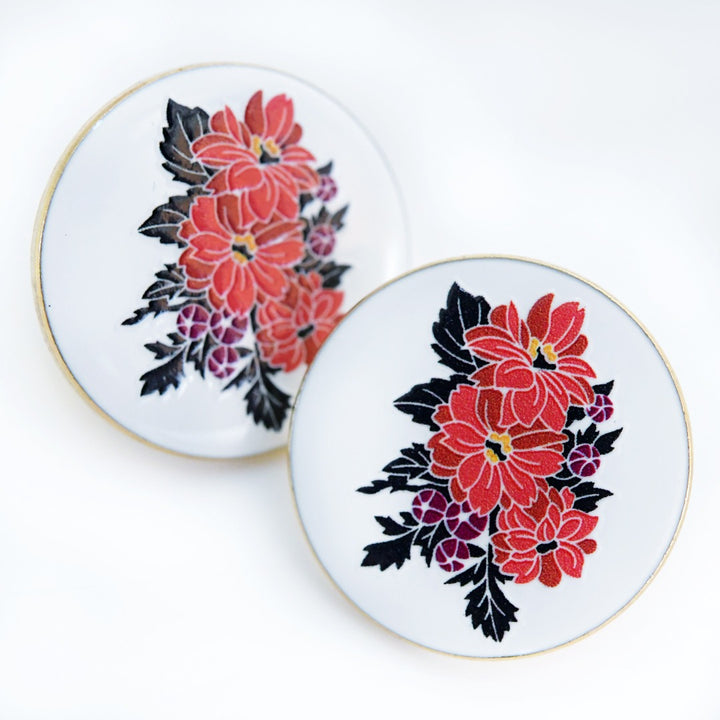 A pair of Black Forest Ruby Dahlia Limited Edition Pins on a white background.