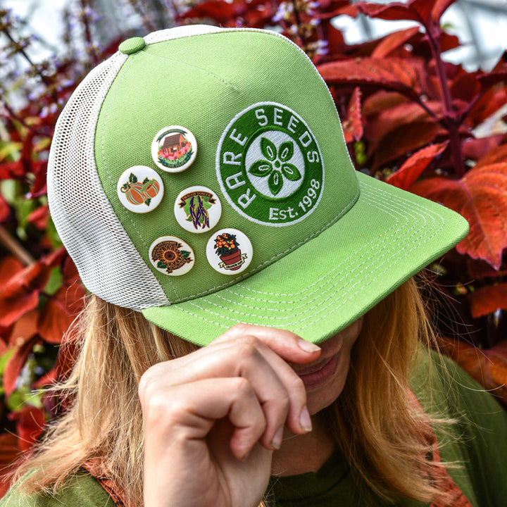 A Baker Creek employee Shows off the Limited Edition Dragon Tongue Bean Pin on a Baker Creek Hat.