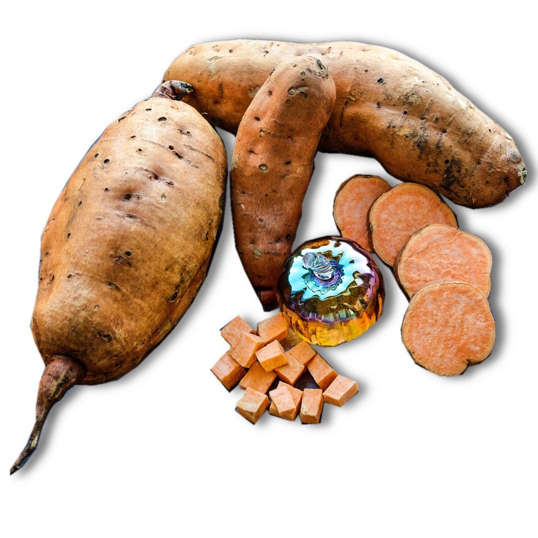 Pumpkin Yam Sweet Potatoes with a crystal pumpkin on white with a cheesy drop shadow.