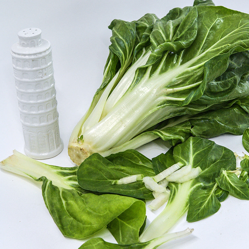 A head of Barese Swiss Chard with leaves and a Leaning Tower of Pisa ceramic cheese container.