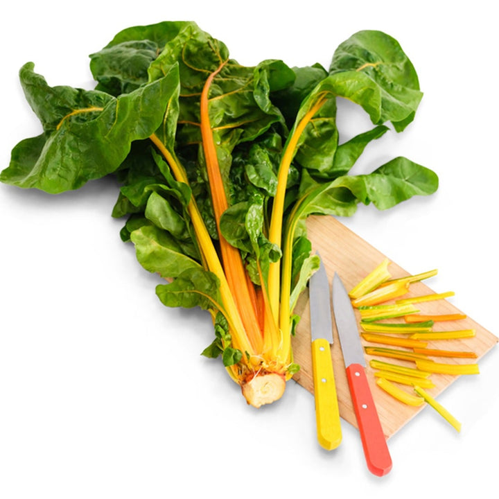 Oriole Orange Swiss Chard arranged on a cutting board with a white background.