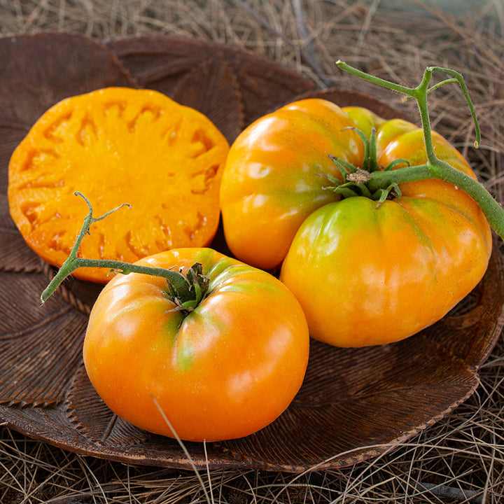 Cut and whole Kentucky Beefsteak Tomatoes on wooden platter sitting on a bed of pine needles.