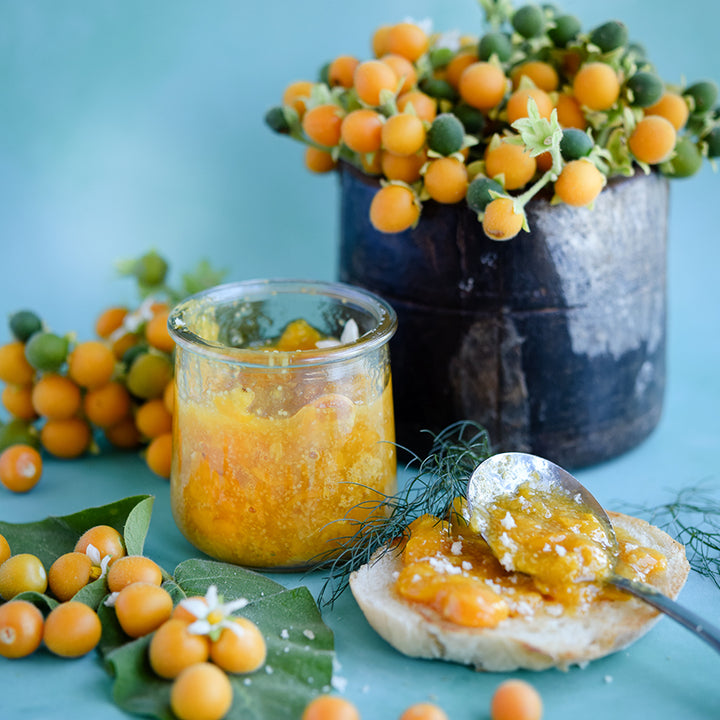 Dwarf Tamarillos with jam and bread on light blue background.