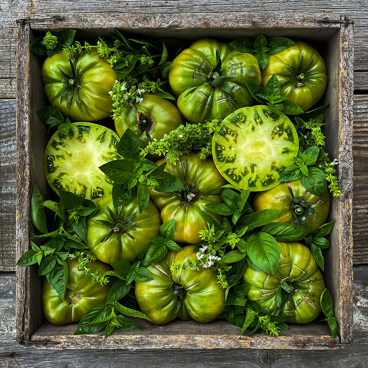 Aunt Ruby's German Green Tomatoes in a square wooden box with basil blooms and leaves. Image by Lucy Hutchins.