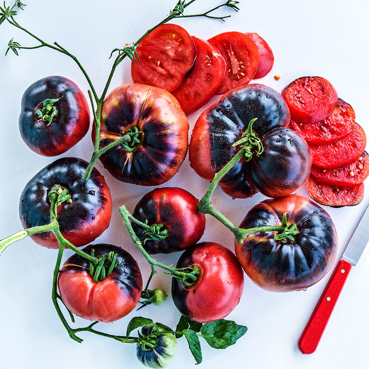 Overhead view of sliced and whole Blue Beauty Tomatoes with a red handled knife on white background.