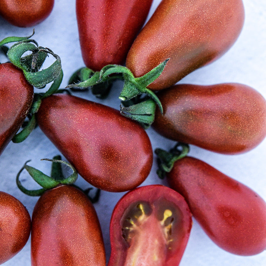 Close-up view of several Chocolate Pear Tomatoes on a light background.