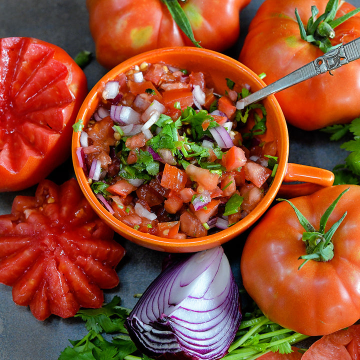 Classic Beefsteak Tomatoes surrounding a bowl full of salsa with cilantro.
