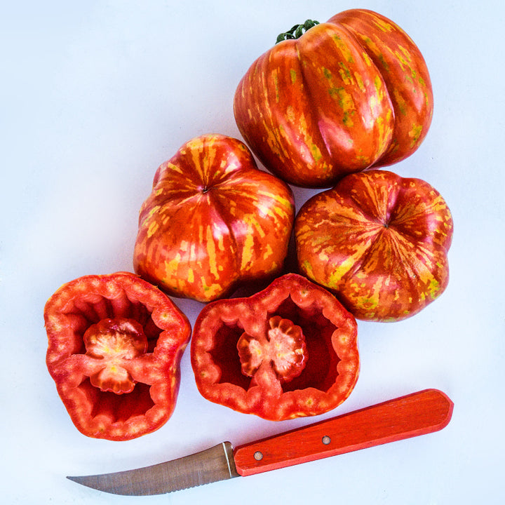 Whole and cut Get Stuffed Tomatoes on a white background.