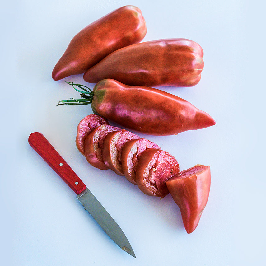 Whole and cut Jersey Devil Tomatoes with a red handled knife on a white background.