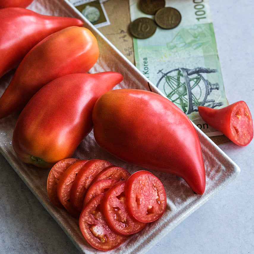Sliced and whole Korean Long Tomatoes on a white plate with Korean money.