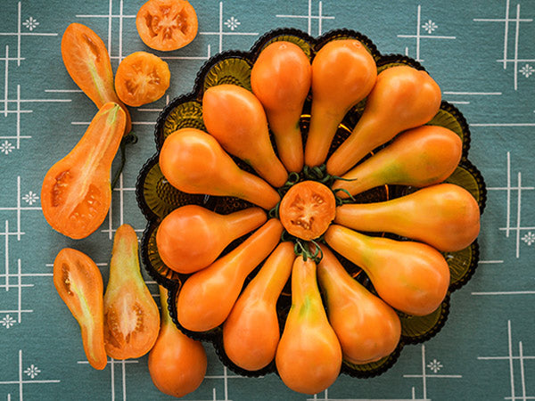 Large Mila Orange Pear Tomatoes arranged on plate with cut tomatoes to the side.