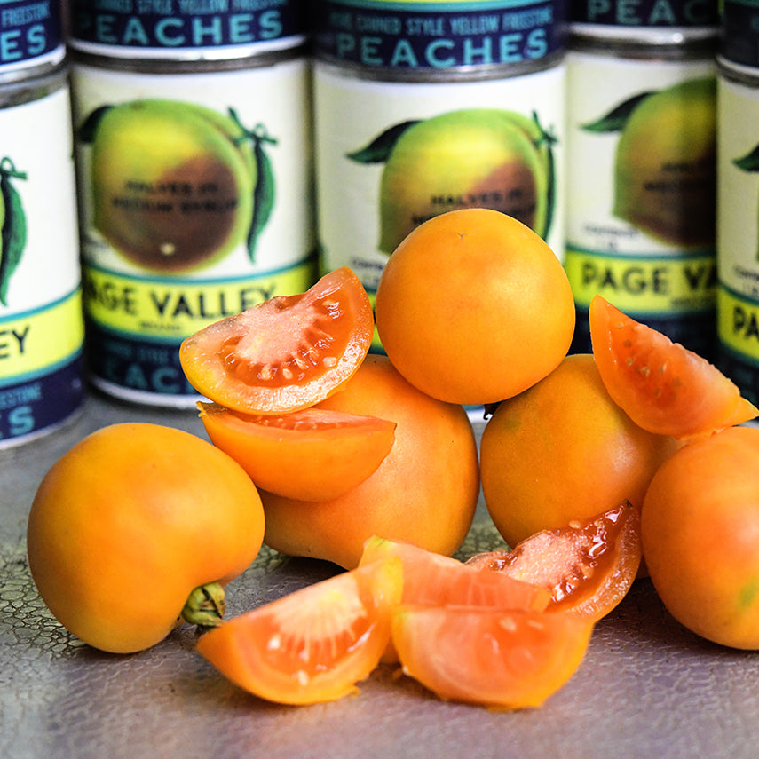 Orange Peach Tomatoes with peach cans.