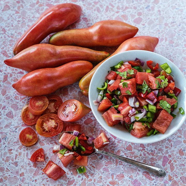 Salsa made from Pink Fang Tomatoes with whole tomatoes on a pink linoleum counter top.