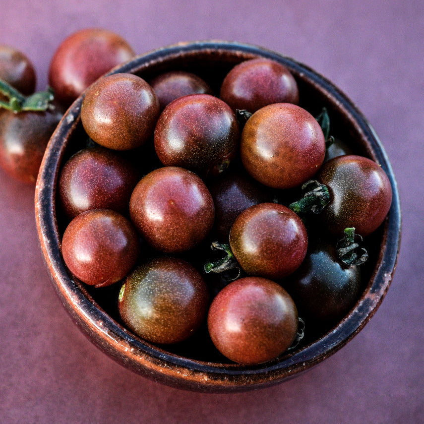 A red ceramic bowl full of Rosella Tomatoes on a muted red background.