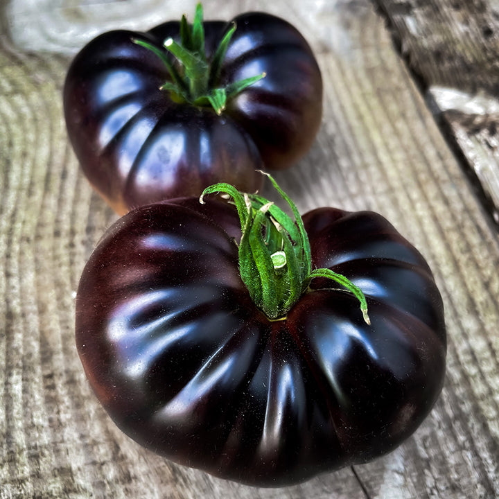 Two perfect Black Beauty Tomatoes on a wood background. Image by Lucy Hutchins.