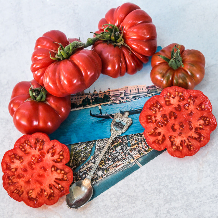 Costoluto Genovese Tomatoes with Italian postcards and a Rome spoon on a light background.
