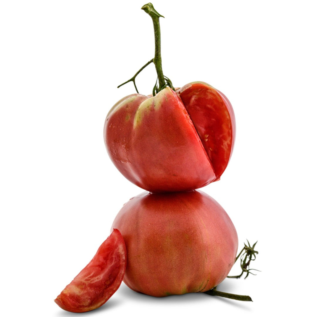 Two Abe Lincoln Original Tomatoes stacked on a white background.