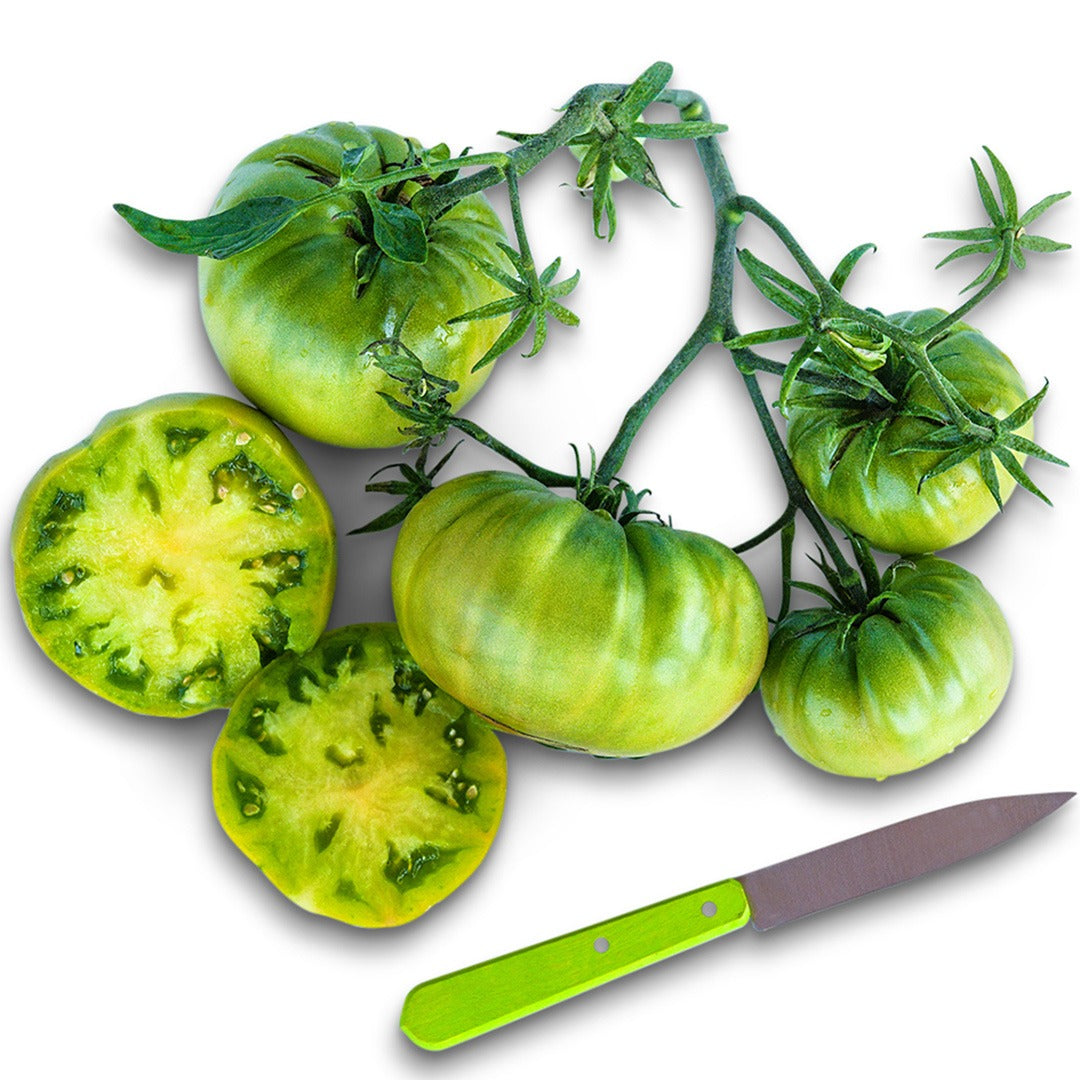 Aunt Ruby's German Green Tomato cluster on a white background with a green handled knife.