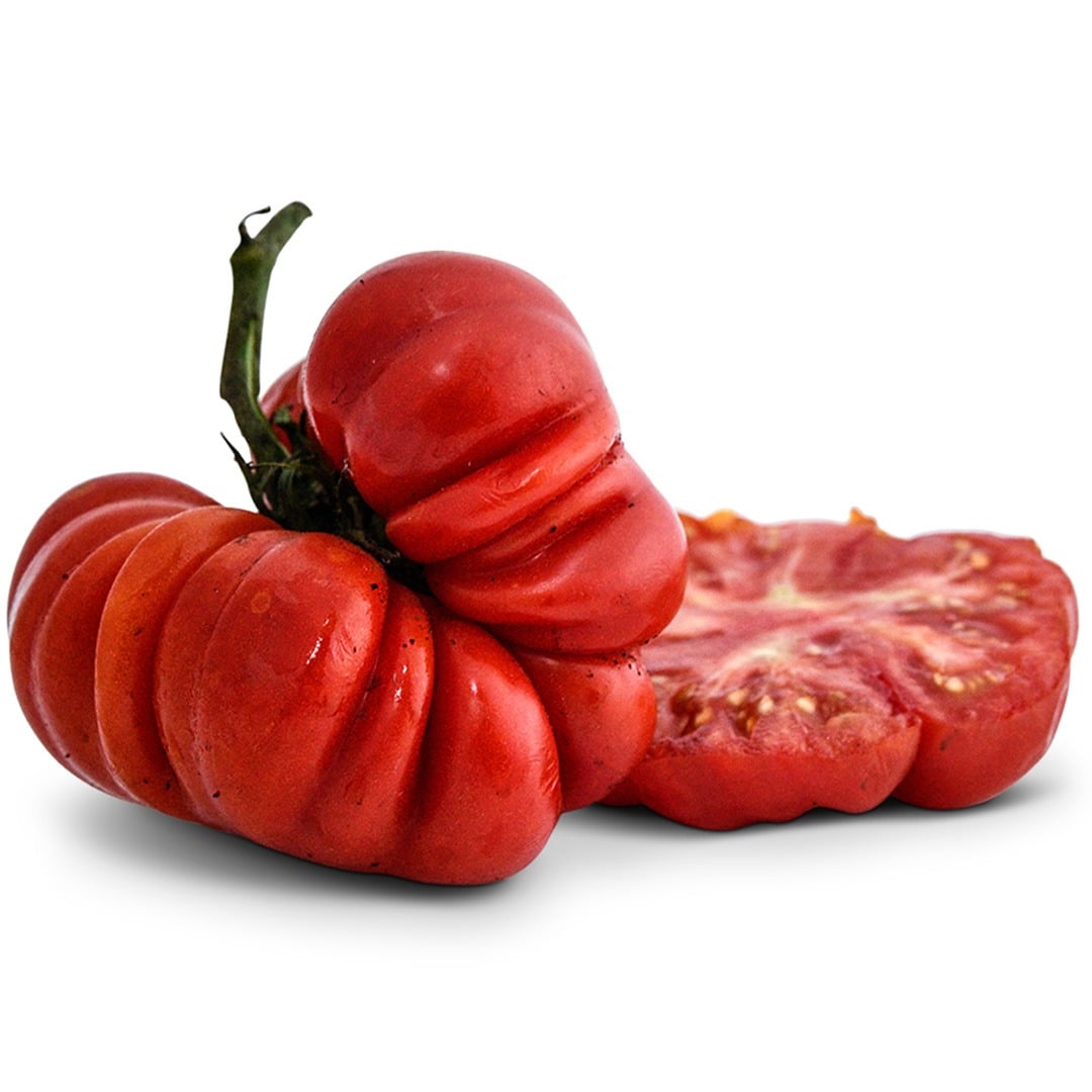 Costoluto Genovese tomato and slice on a white background.