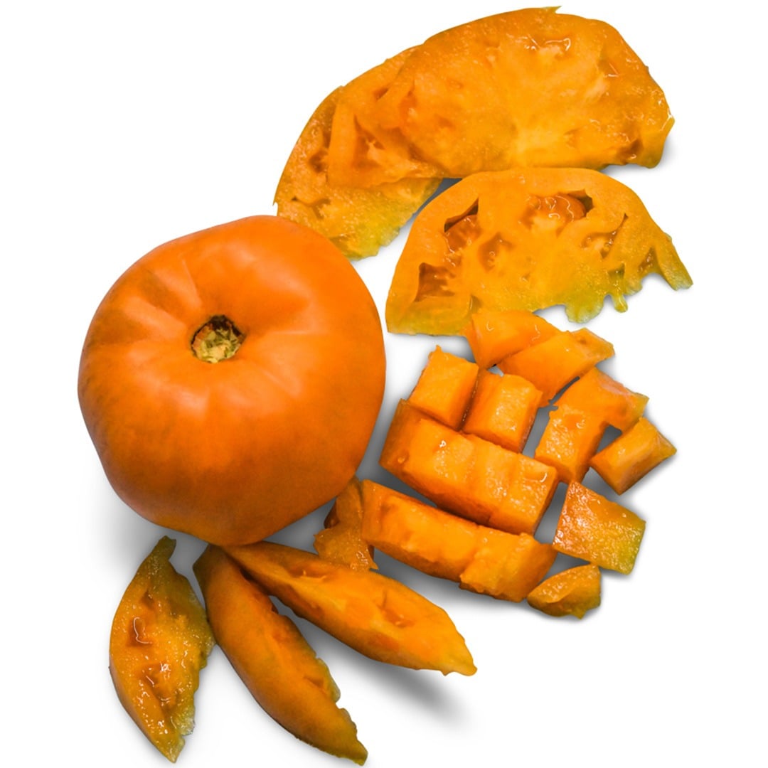 A whole Dr. Wyche's Yellow Tomato surrounded by slices on a white background.