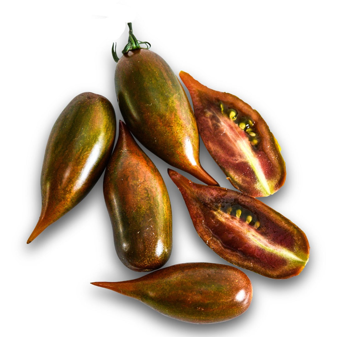 Four whole and one sliced Emalia Tomatoes on a white background.