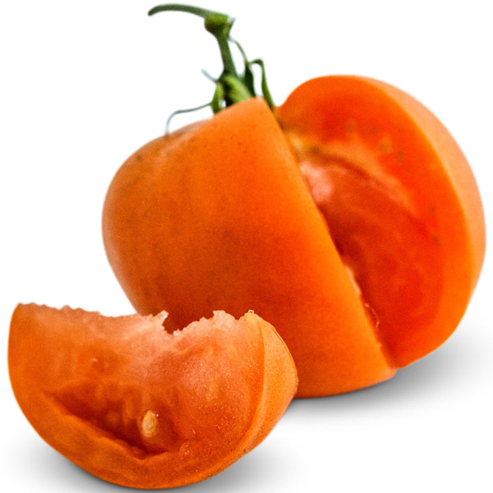 Orange Peach Tomato on a white background.