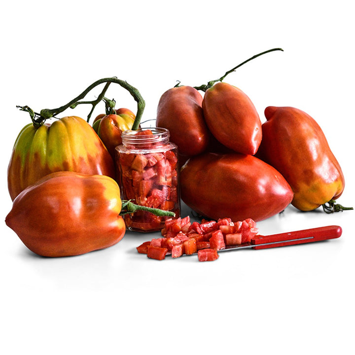 A giant pile of Palemeno Tomatoes with a glass jar holding diced tomatoes and a red handled knife on white.