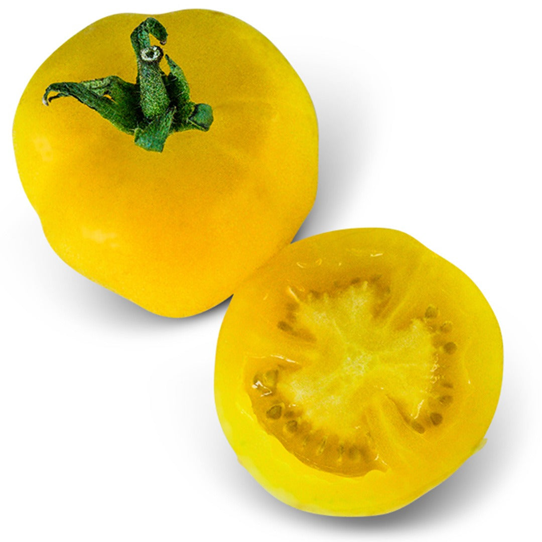Overhead view of one whole and once sliced Wapsipinicon Peach Tomatoes on a white background.