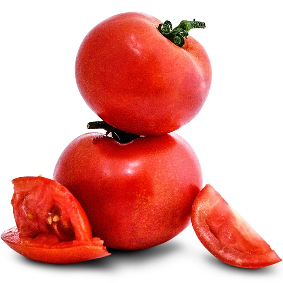 Pair of Wood's Famous Brimmer Tomatoes on a white background.