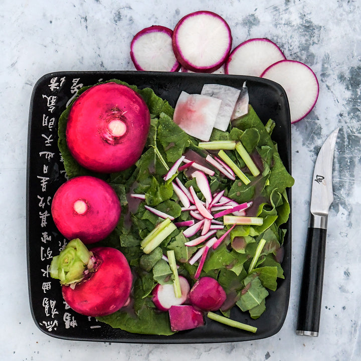 Hida Beni Red Turnips arranged on a Japanese plate with a Japanese knife.