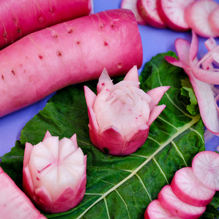 A close-up view of Asuka Akane Turnip rosettes on a turnip leaf surrounded by turnips.