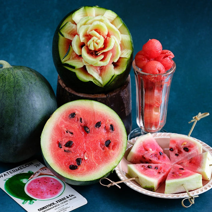 A carved Sugar Baby Bush Watermelon with slices and melon balls on a dark blue background.