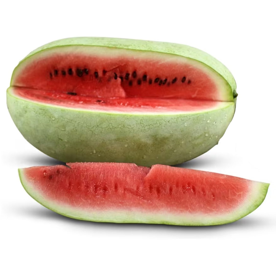 Ali Baba watermelon with a slice removed to show the center.