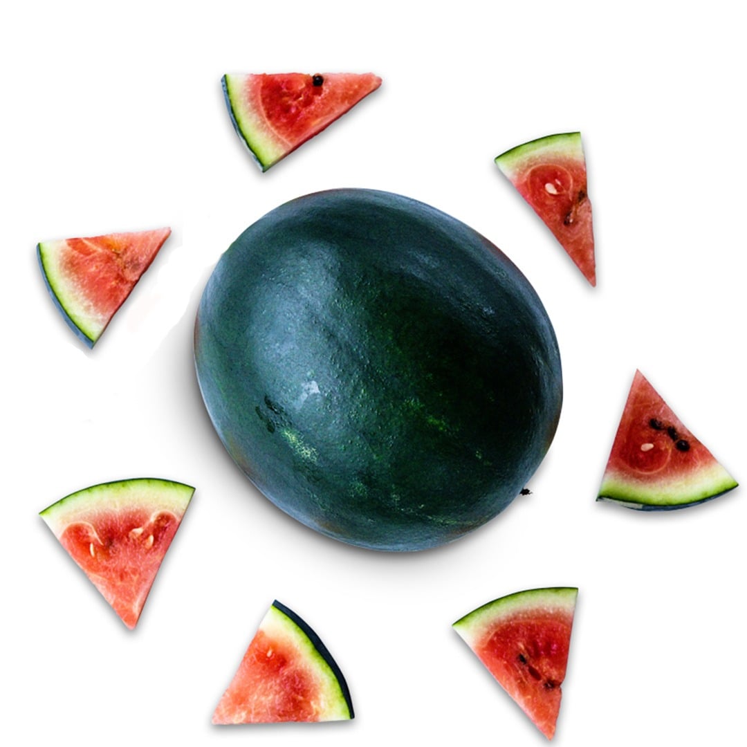 Black Jewel Watermelon with sliced watermelon surround on a white background.