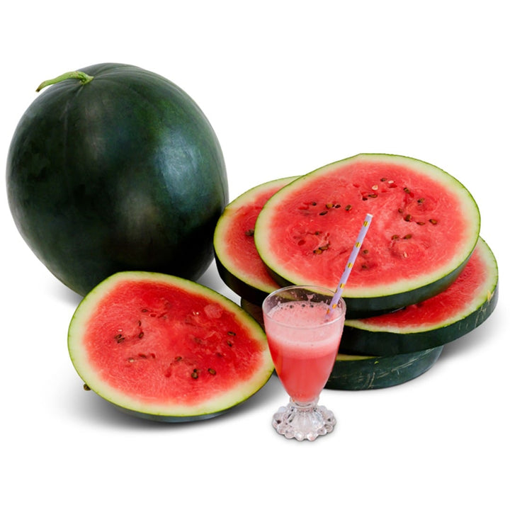 Whole Blacktail Mountain Watermelon with large slices and watermelon juice on a white background.