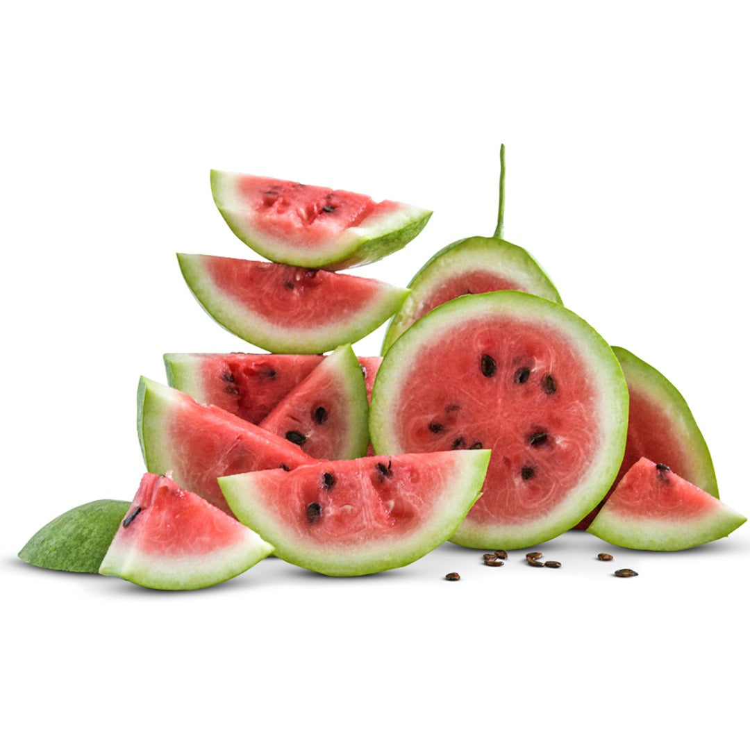 Sliced stacked Charleston Gray Watermelon on white background.