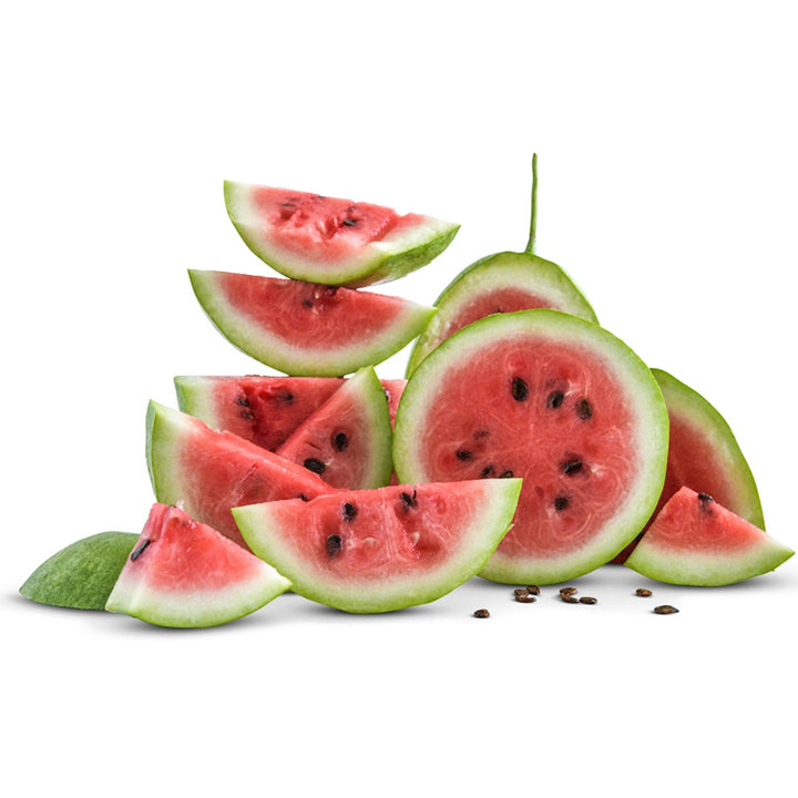 Sliced stacked Charleston Gray Watermelon on white background.