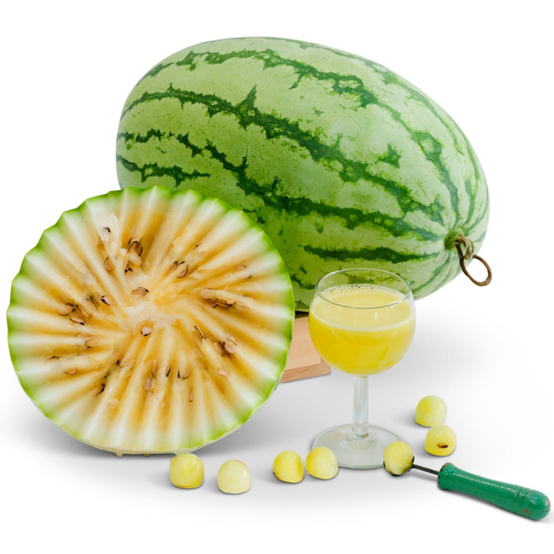Sliced and Whole Clay County Yellow Meat Watermelon with watermelon juice on a white background.