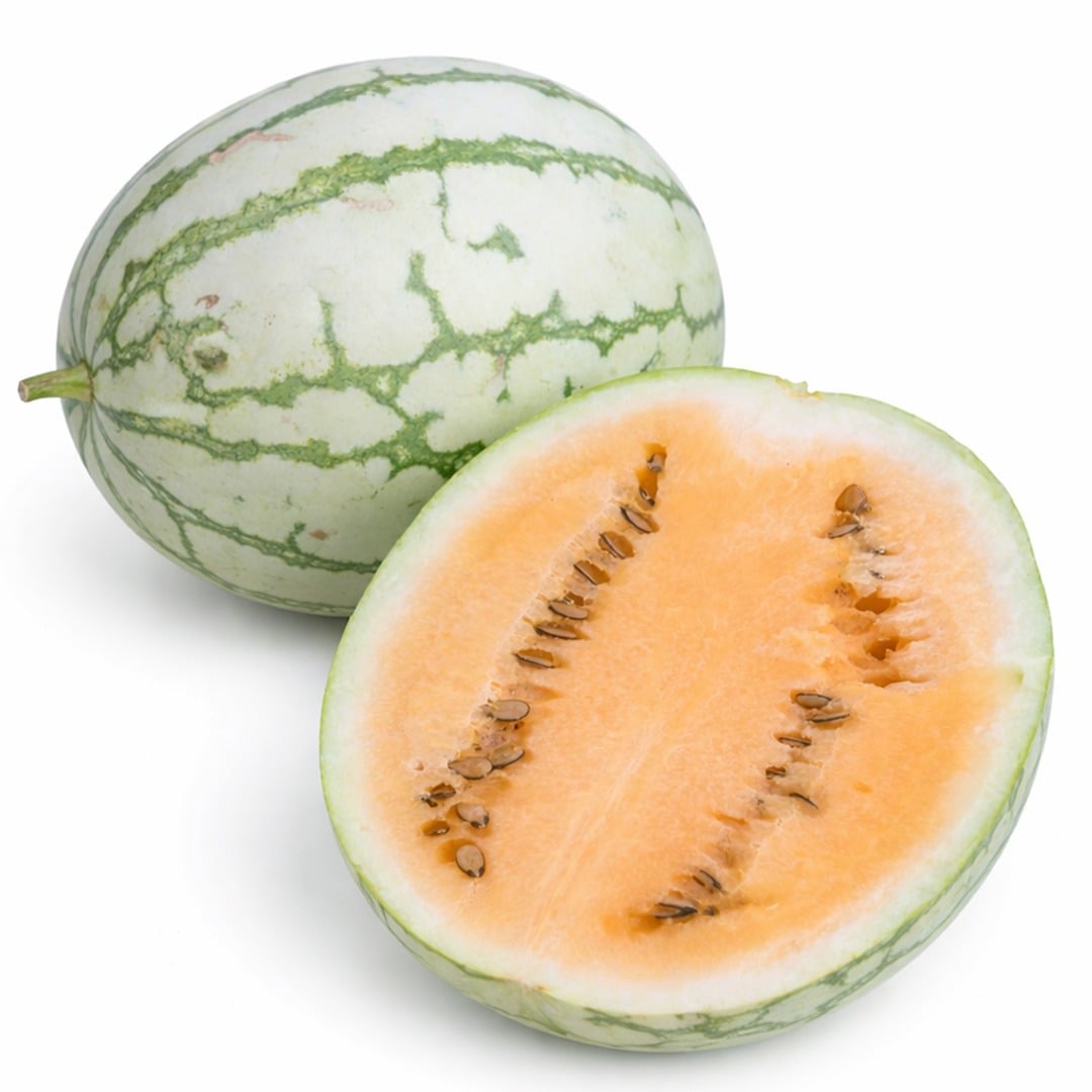 Clay County Yellow Meat watermelon cut open to show the center on a white background.